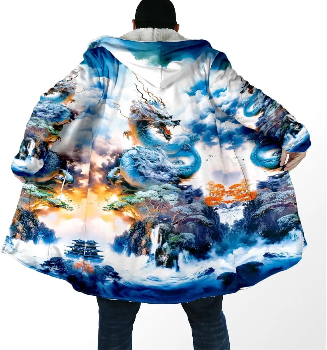 The King White Tiger Skin Myth Lion Dragon Thick Warm Hooded Cloak Men Overcoat Coat