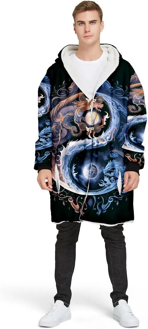 The King White Tiger Skin Myth Lion Dragon Thick Warm Hooded Cloak Men Overcoat Coat