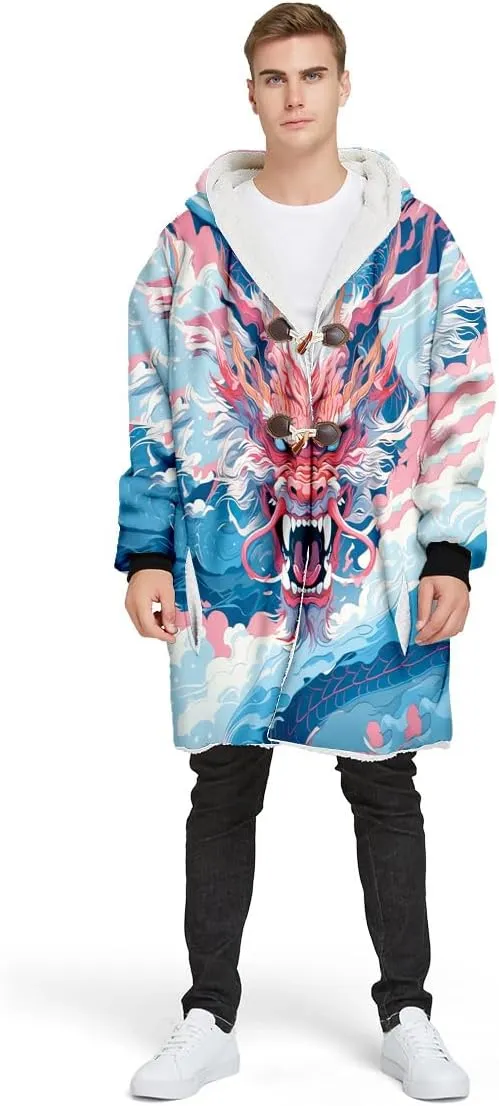 The King White Tiger Skin Myth Lion Dragon Thick Warm Hooded Cloak Men Overcoat Coat