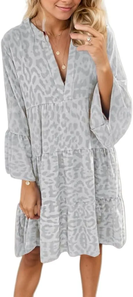 TIAFORD Women Tunic Dress Leopard Ruffle Long Sleeve Casual Dress V Neck Loose Flowy Swing Mini Babydoll Dress