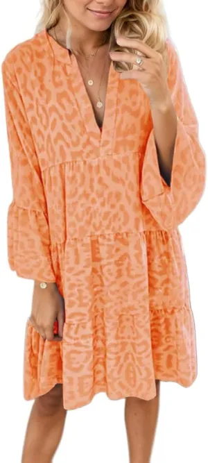 TIAFORD Women Tunic Dress Leopard Ruffle Long Sleeve Casual Dress V Neck Loose Flowy Swing Mini Babydoll Dress