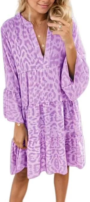 TIAFORD Women Tunic Dress Leopard Ruffle Long Sleeve Casual Dress V Neck Loose Flowy Swing Mini Babydoll Dress