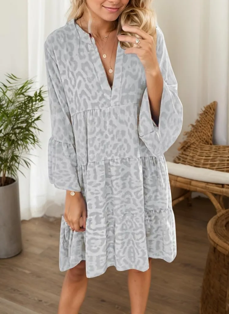 TIAFORD Women Tunic Dress Leopard Ruffle Long Sleeve Casual Dress V Neck Loose Flowy Swing Mini Babydoll Dress