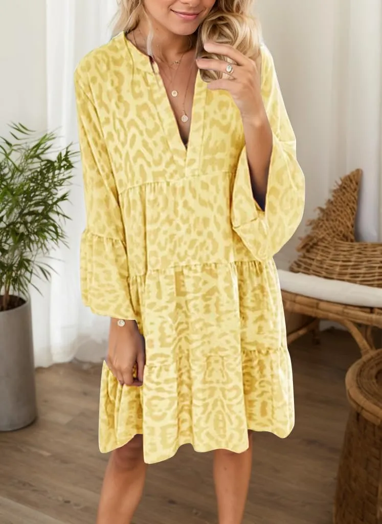 TIAFORD Women Tunic Dress Leopard Ruffle Long Sleeve Casual Dress V Neck Loose Flowy Swing Mini Babydoll Dress