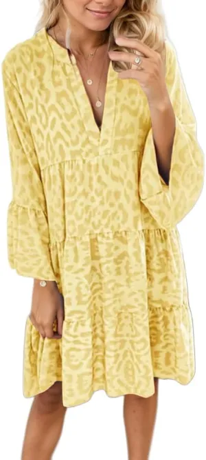 TIAFORD Women Tunic Dress Leopard Ruffle Long Sleeve Casual Dress V Neck Loose Flowy Swing Mini Babydoll Dress