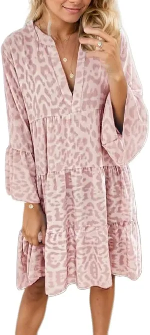 TIAFORD Women Tunic Dress Leopard Ruffle Long Sleeve Casual Dress V Neck Loose Flowy Swing Mini Babydoll Dress