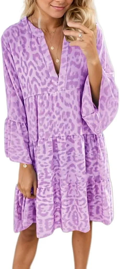 TIAFORD Women Tunic Dress Leopard Ruffle Long Sleeve Casual Dress V Neck Loose Flowy Swing Mini Babydoll Dress