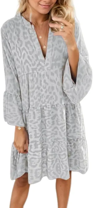 TIAFORD Women Tunic Dress Leopard Ruffle Long Sleeve Casual Dress V Neck Loose Flowy Swing Mini Babydoll Dress