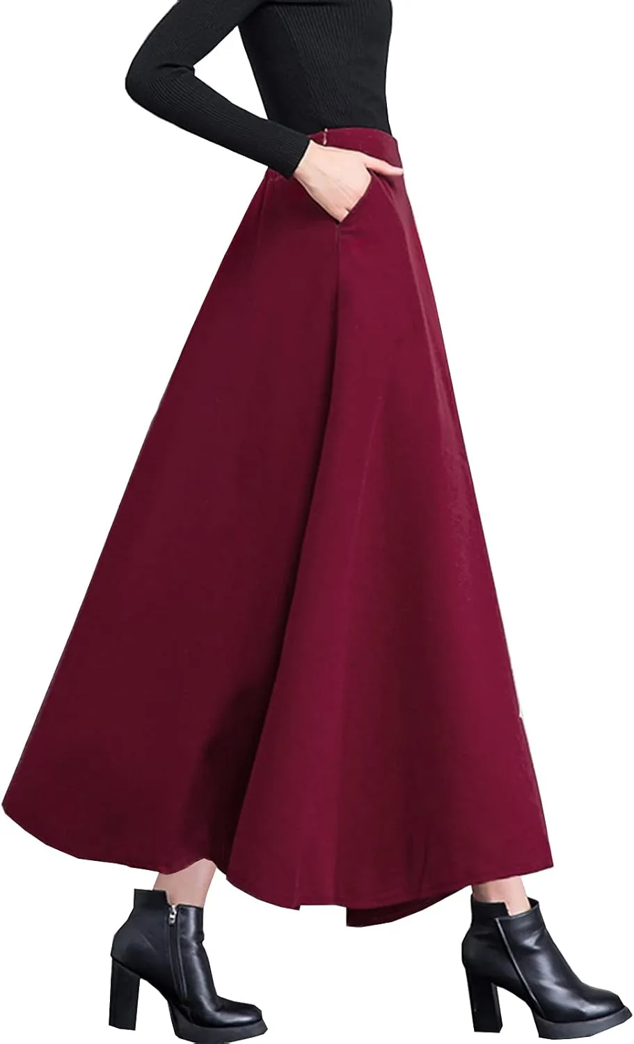 TONCHENGSD Women's High Elastic Waist Maxi Skirt Winter Warm Wool Flare Long Skirt