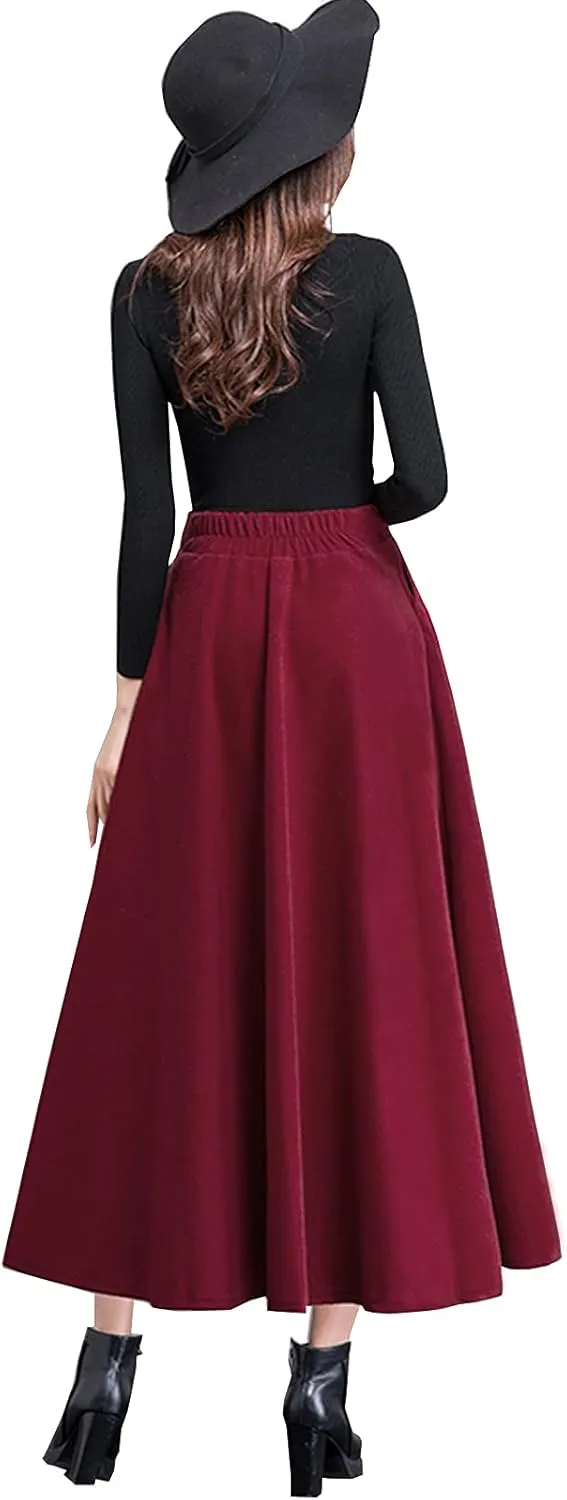 TONCHENGSD Women's High Elastic Waist Maxi Skirt Winter Warm Wool Flare Long Skirt