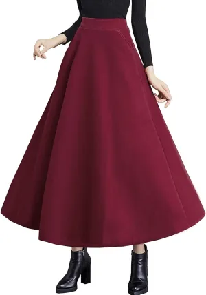 TONCHENGSD Women's High Elastic Waist Maxi Skirt Winter Warm Wool Flare Long Skirt