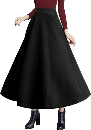 TONCHENGSD Women's High Elastic Waist Maxi Skirt Winter Warm Wool Flare Long Skirt
