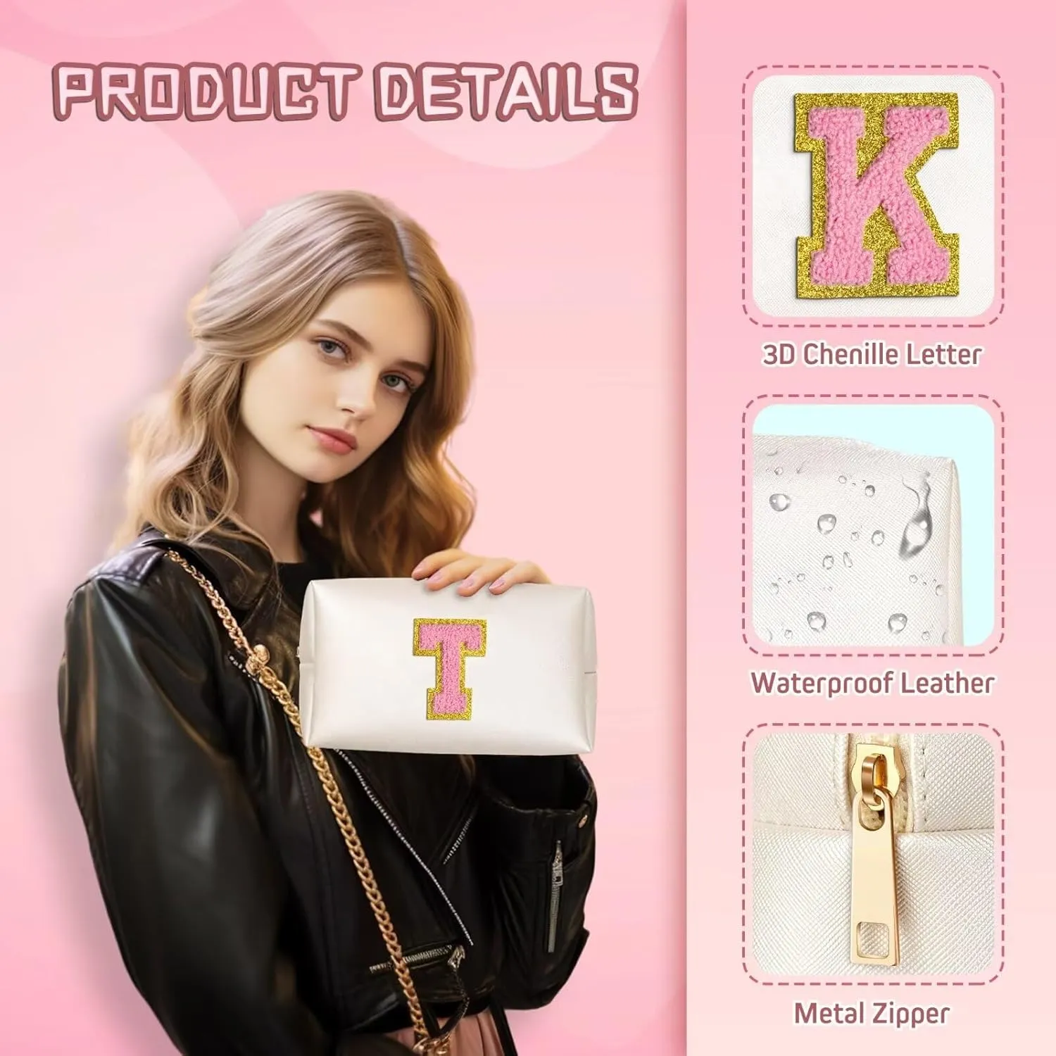 TOPEAST 2025 Graduation Gifts - Initial Makeup Bag, Birthday Gifts for 4 5 6 7 8 9 10 11 12 Year Old Girls, Personalized Preppy Toiletry Bag (White A)