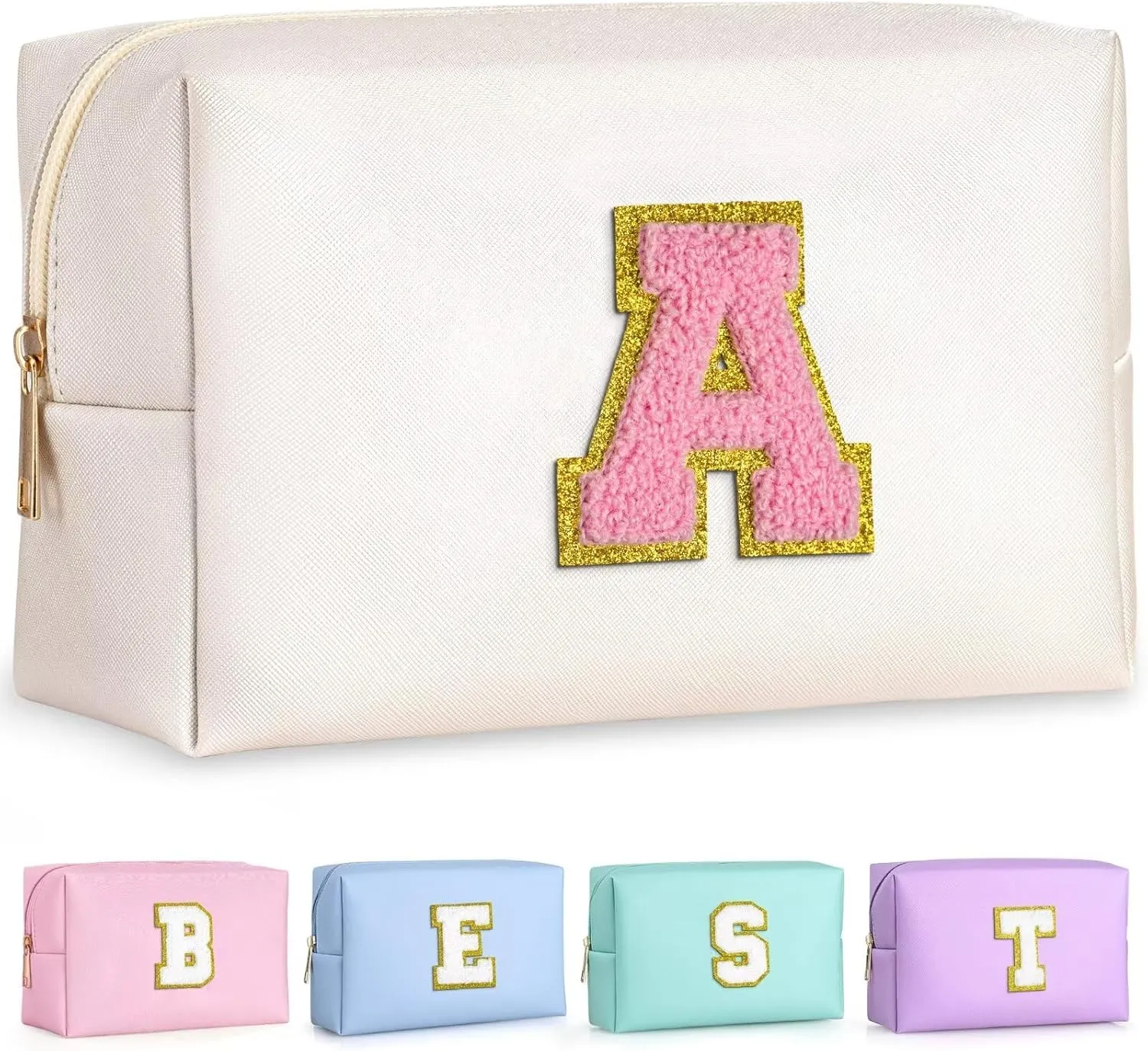 TOPEAST 2025 Graduation Gifts - Initial Makeup Bag, Birthday Gifts for 4 5 6 7 8 9 10 11 12 Year Old Girls, Personalized Preppy Toiletry Bag (White A)