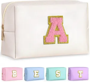 TOPEAST 2025 Graduation Gifts - Initial Makeup Bag, Birthday Gifts for 4 5 6 7 8 9 10 11 12 Year Old Girls, Personalized Preppy Toiletry Bag (White A)