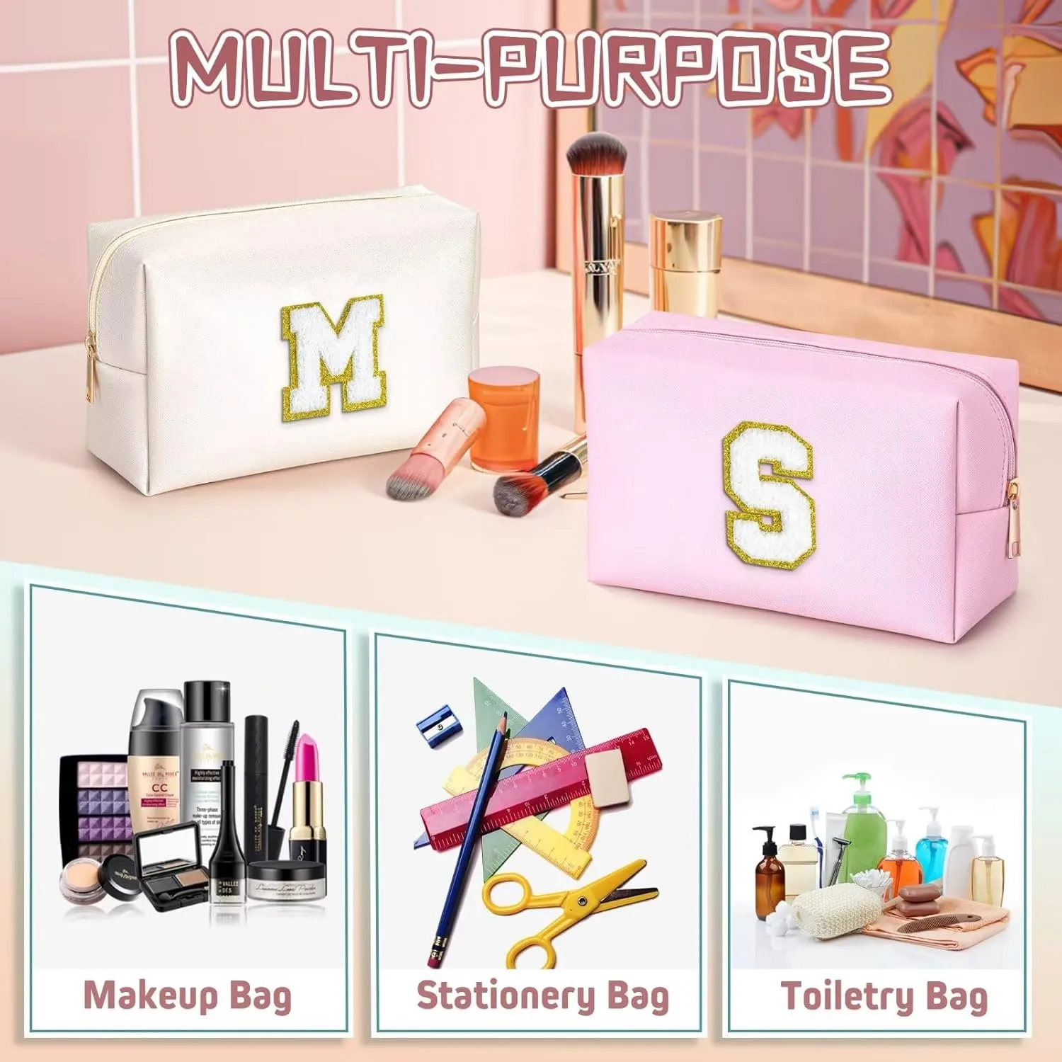TOPEAST Initial Makeup Bag, Personalized Initial Bags with Zipper, Cute Makeup Pouch, PU Leather Waterproof Cosmetic Bag, Birthday Gift for Women, Preppy Things for Girls (White A)