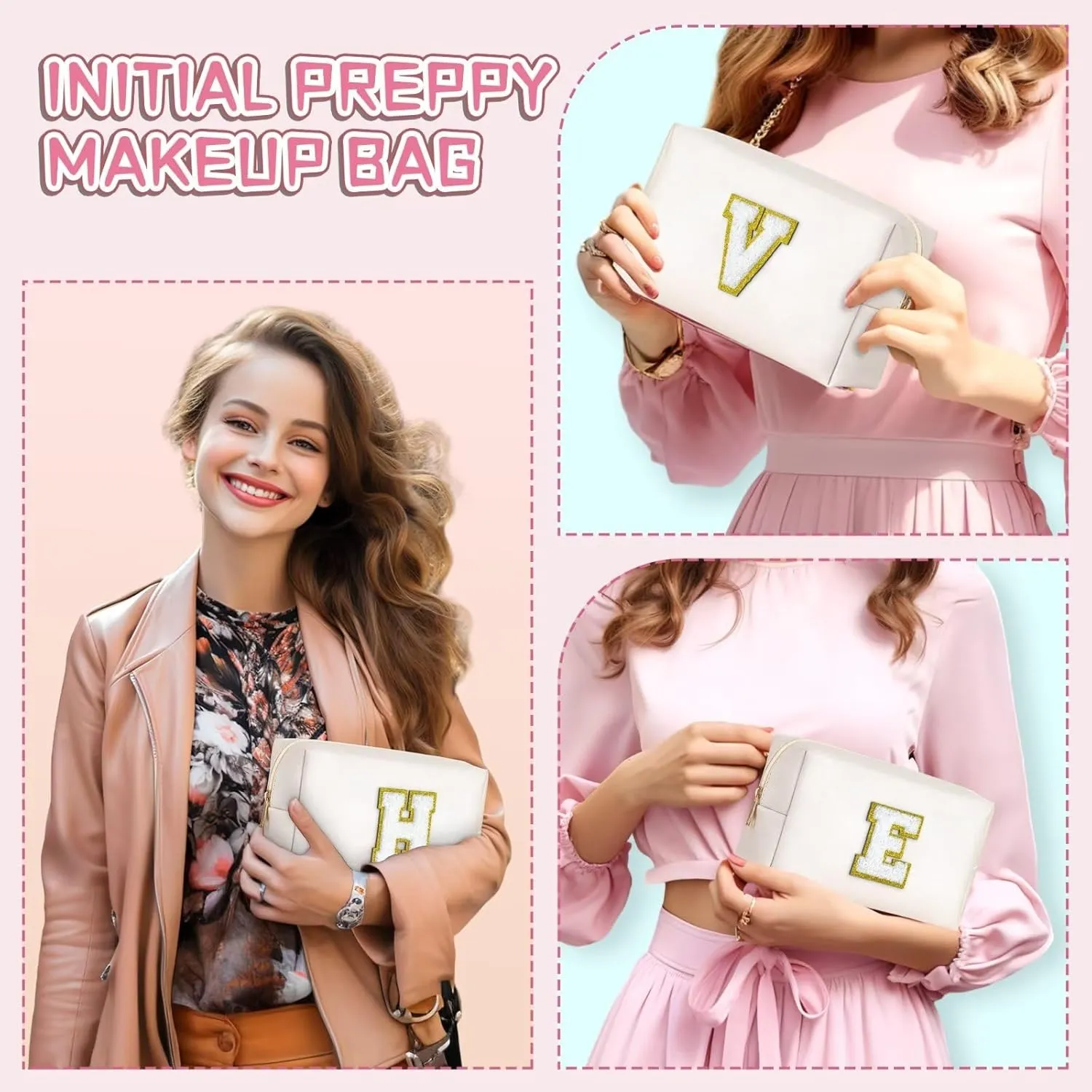 TOPEAST Initial Makeup Bag, Personalized Initial Bags with Zipper, Cute Makeup Pouch, PU Leather Waterproof Cosmetic Bag, Birthday Gift for Women, Preppy Things for Girls (White A)