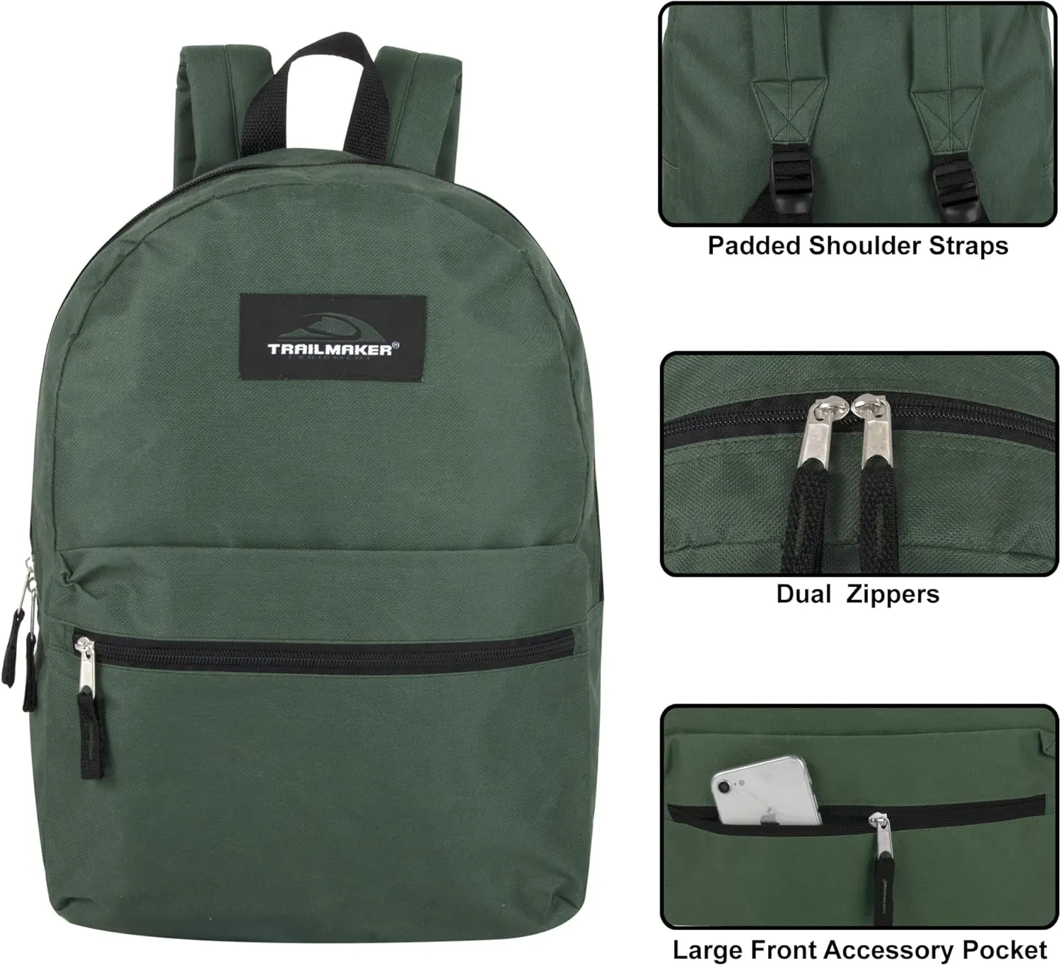 Trail maker Classic 17 Inch Backpack with Adjustable Padded Shoulder Straps