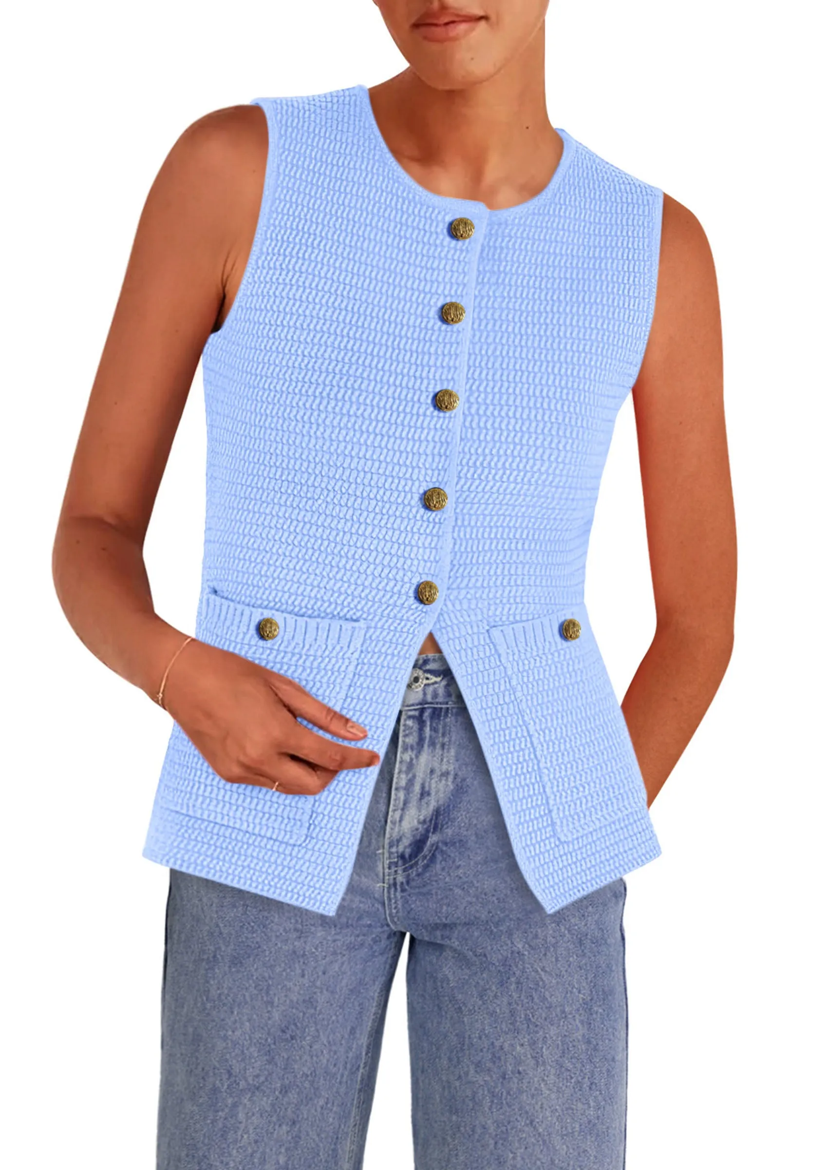 Trendy Sleeveless Tank Tops Knit Button Down Cardigan Waistcoat