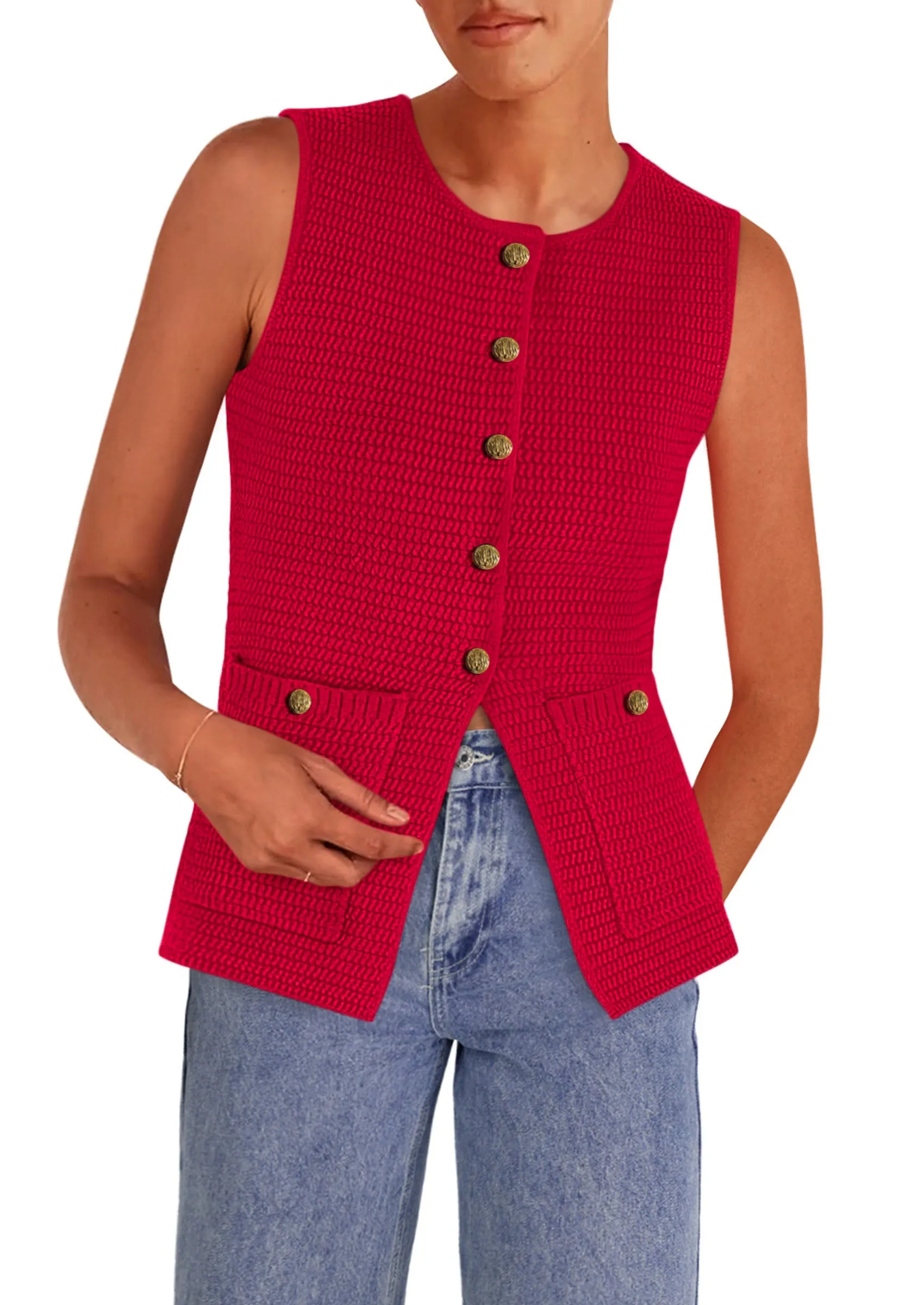 Trendy Sleeveless Tank Tops Knit Button Down Cardigan Waistcoat