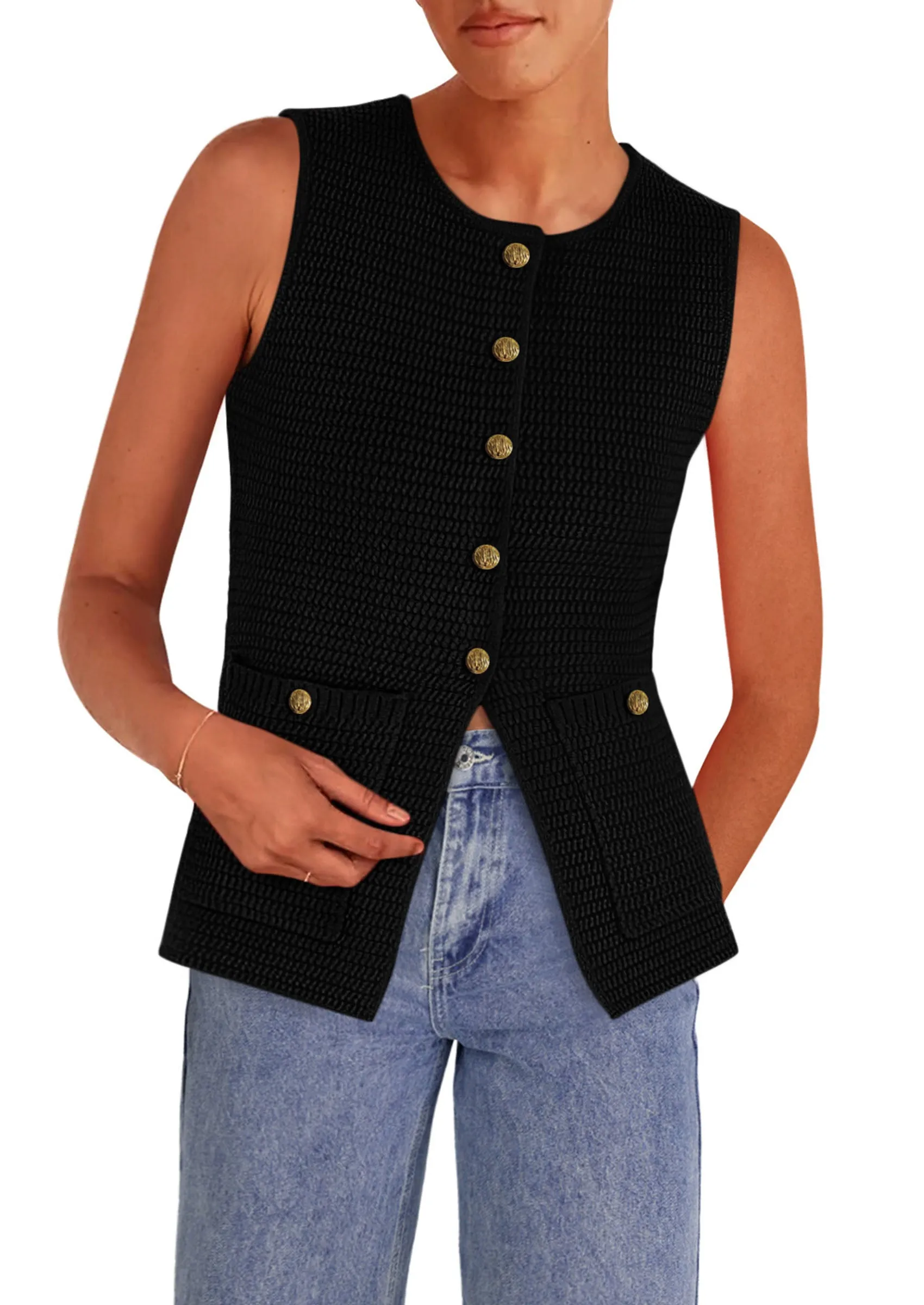 Trendy Sleeveless Tank Tops Knit Button Down Cardigan Waistcoat