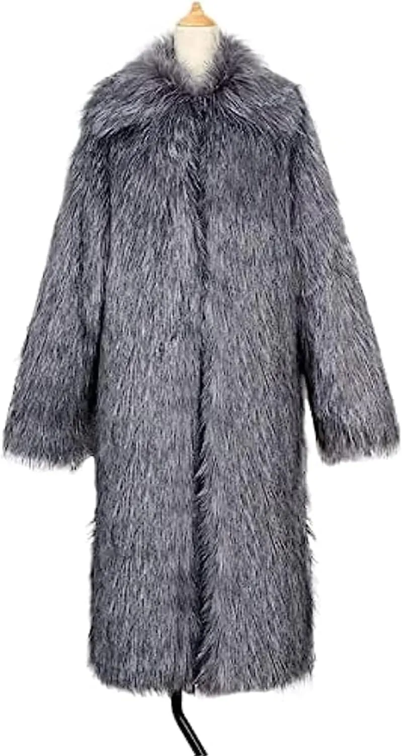 UMREN Mens Faux Fur Coat Long Black Jacket Warm Furry Overcoat Outwear