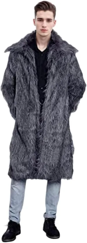 UMREN Mens Faux Fur Coat Long Black Jacket Warm Furry Overcoat Outwear