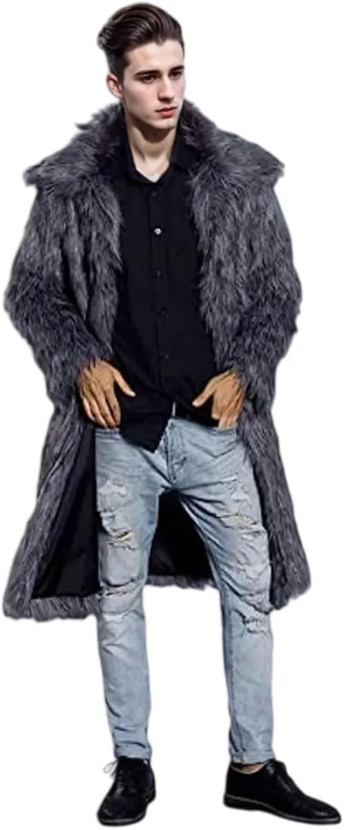 UMREN Mens Faux Fur Coat Long Black Jacket Warm Furry Overcoat Outwear