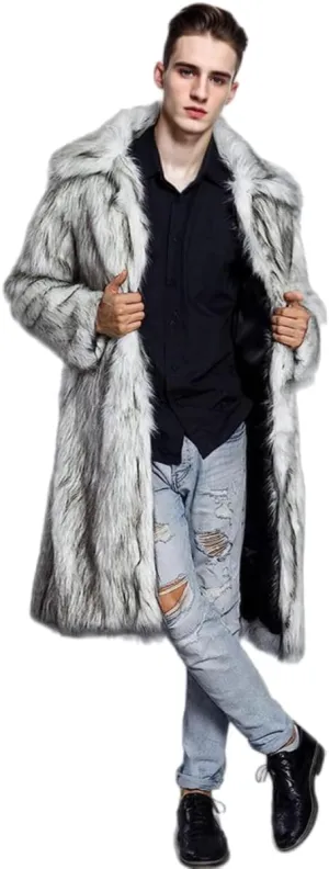 UMREN Mens Faux Fur Coat Long Black Jacket Warm Furry Overcoat Outwear
