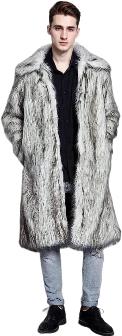 UMREN Mens Faux Fur Coat Long Black Jacket Warm Furry Overcoat Outwear