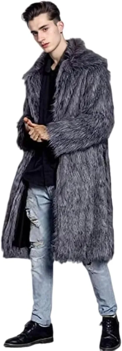 UMREN Mens Faux Fur Coat Long Black Jacket Warm Furry Overcoat Outwear
