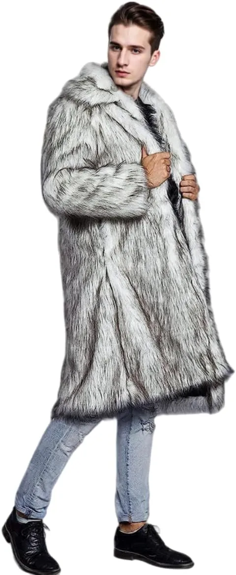 UMREN Mens Faux Fur Coat Long Black Jacket Warm Furry Overcoat Outwear