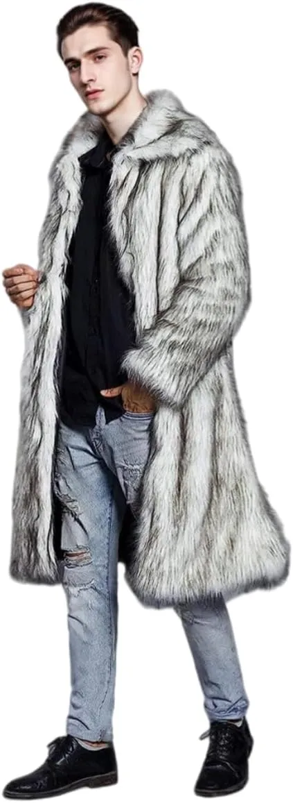 UMREN Mens Faux Fur Coat Long Black Jacket Warm Furry Overcoat Outwear