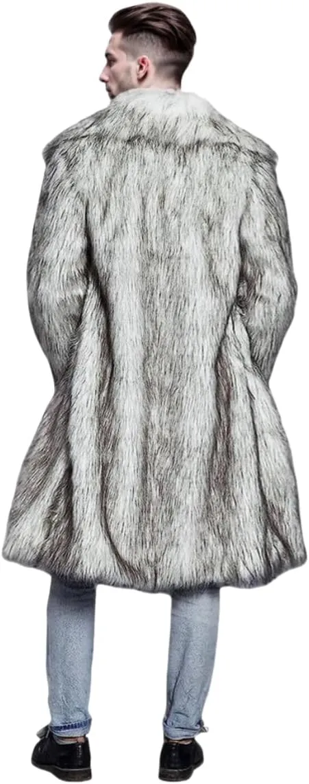 UMREN Mens Faux Fur Coat Long Black Jacket Warm Furry Overcoat Outwear