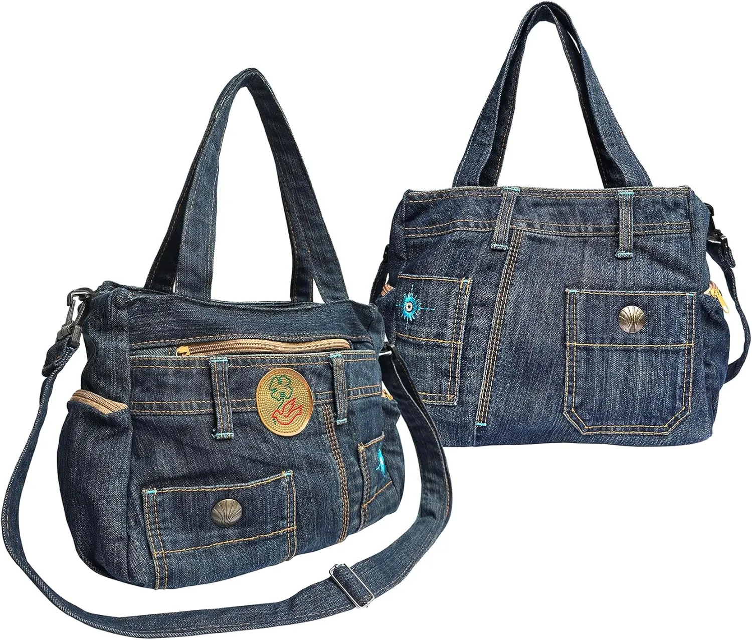 Upcycled Denim Satchel Crossbody Handbag, Multi-Pocket Design with Top-Handle and Changeable Shoulder Strap, Vintage Blue