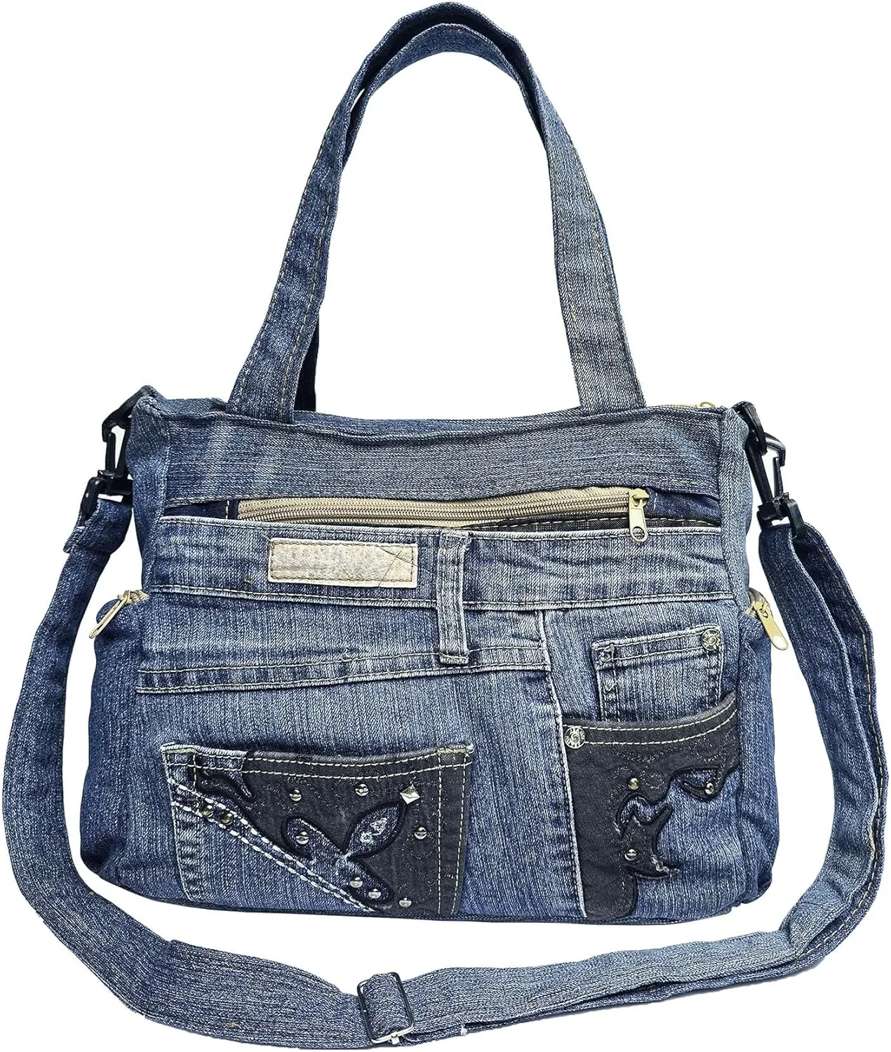 Upcycled Denim Satchel Crossbody Handbag, Multi-Pocket Design with Top-Handle and Changeable Shoulder Strap, Vintage Blue