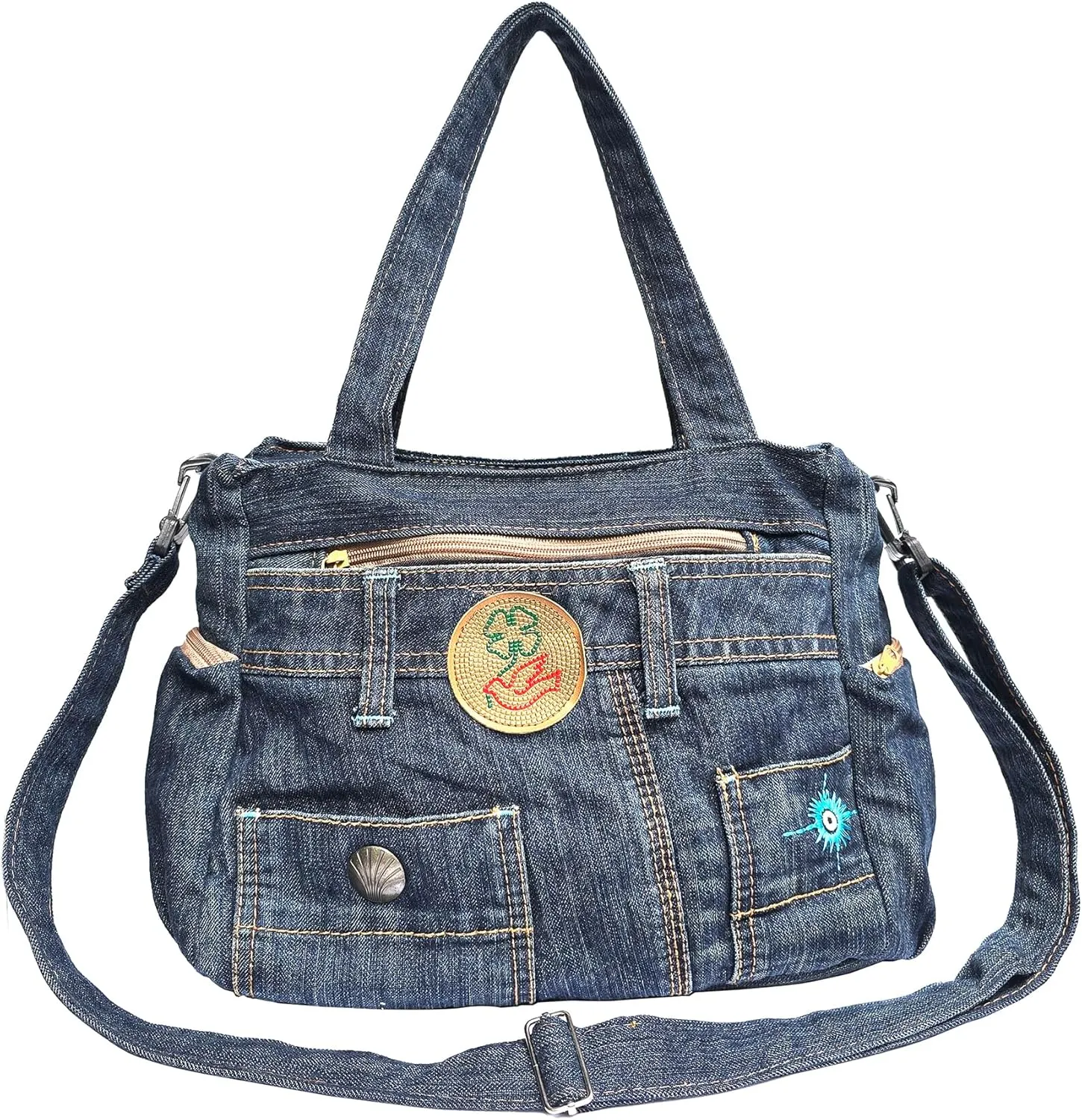 Upcycled Denim Satchel Crossbody Handbag, Multi-Pocket Design with Top-Handle and Changeable Shoulder Strap, Vintage Blue