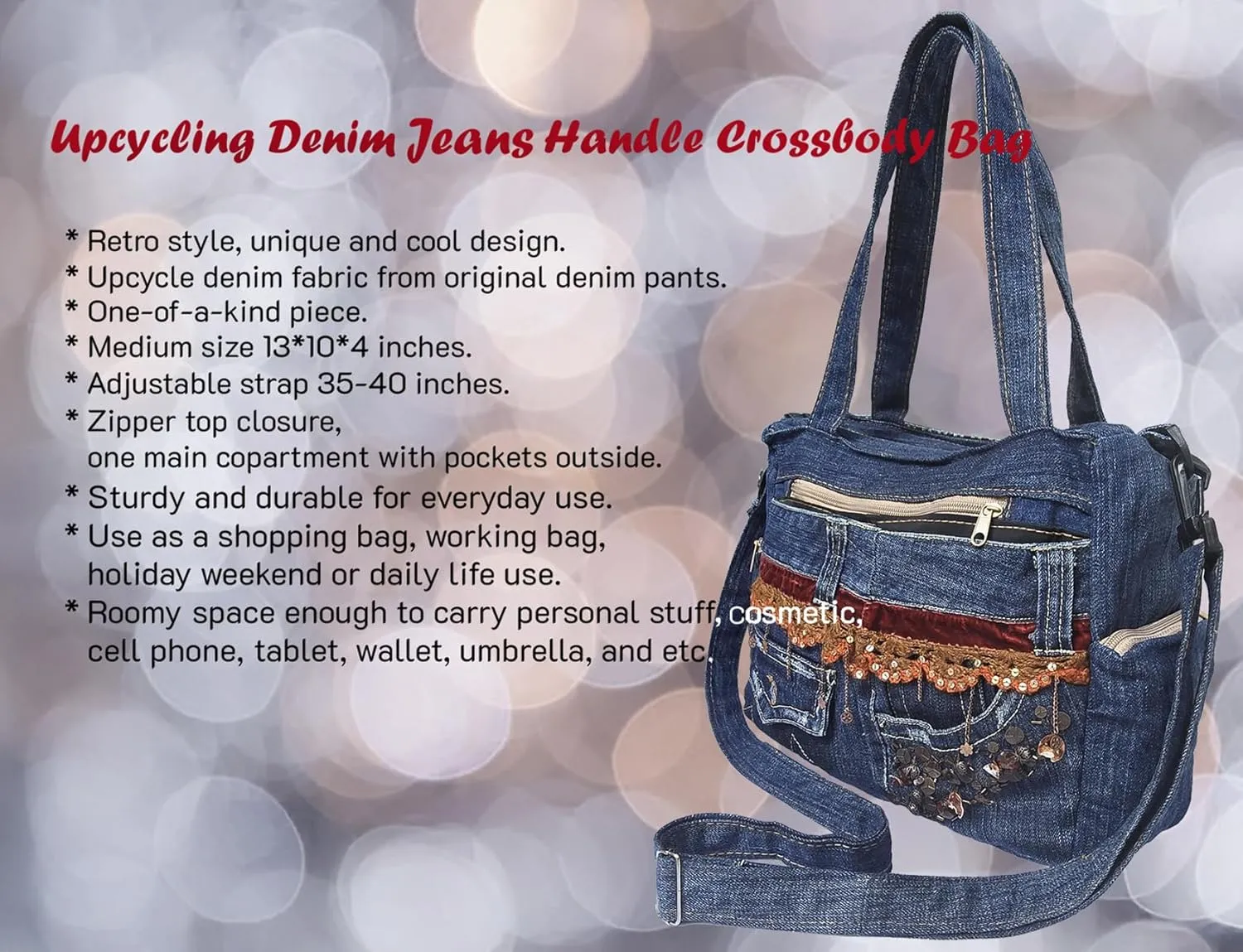 Upcycled Denim Satchel Crossbody Handbag, Multi-Pocket Design with Top-Handle and Changeable Shoulder Strap, Vintage Blue