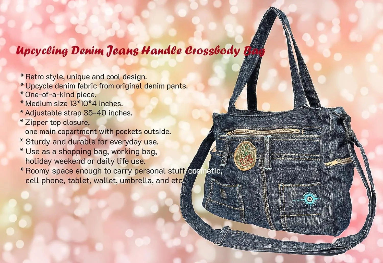Upcycled Denim Satchel Crossbody Handbag, Multi-Pocket Design with Top-Handle and Changeable Shoulder Strap, Vintage Blue