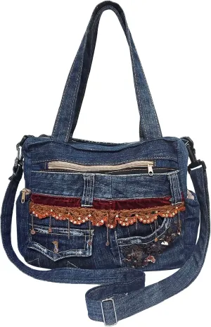 Upcycled Denim Satchel Crossbody Handbag, Multi-Pocket Design with Top-Handle and Changeable Shoulder Strap, Vintage Blue