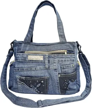 Upcycled Denim Satchel Crossbody Handbag, Multi-Pocket Design with Top-Handle and Changeable Shoulder Strap, Vintage Blue