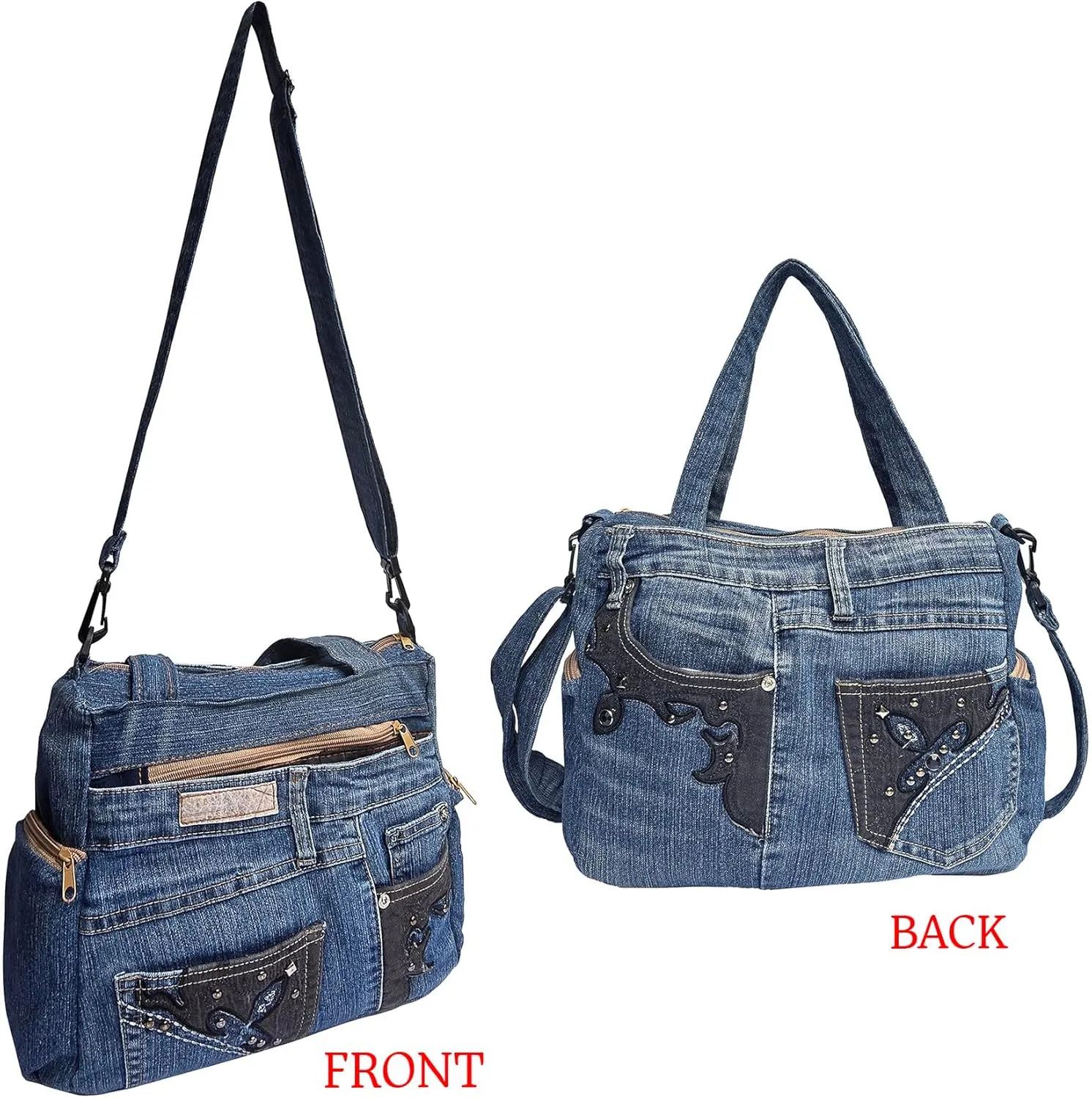 Upcycled Denim Satchel Crossbody Handbag, Multi-Pocket Design with Top-Handle and Changeable Shoulder Strap, Vintage Blue