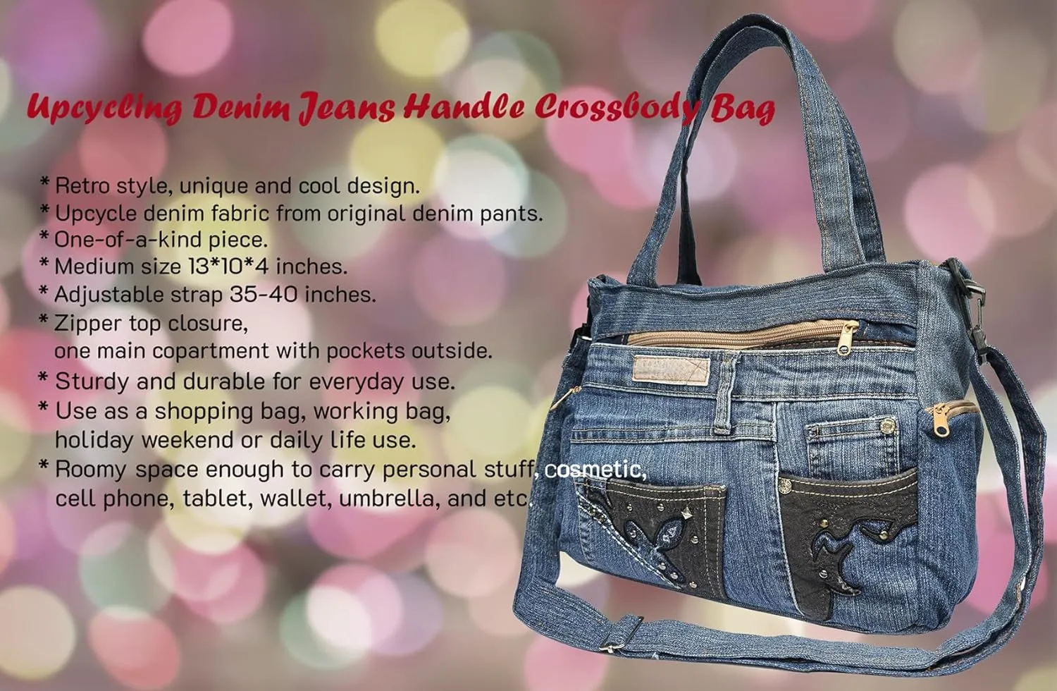Upcycled Denim Satchel Crossbody Handbag, Multi-Pocket Design with Top-Handle and Changeable Shoulder Strap, Vintage Blue