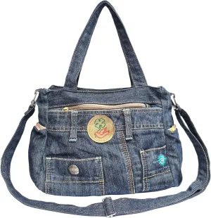 Upcycled Denim Satchel Crossbody Handbag, Multi-Pocket Design with Top-Handle and Changeable Shoulder Strap, Vintage Blue