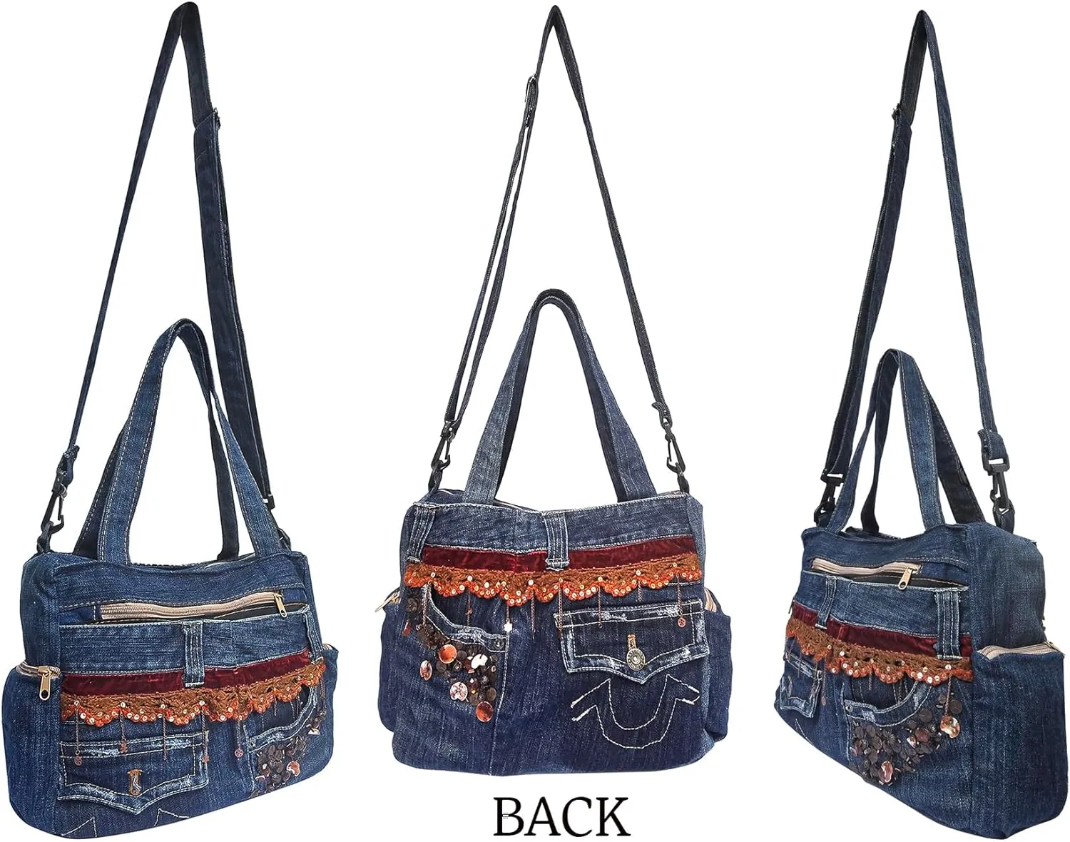 Upcycled Denim Satchel Crossbody Handbag, Multi-Pocket Design with Top-Handle and Changeable Shoulder Strap, Vintage Blue