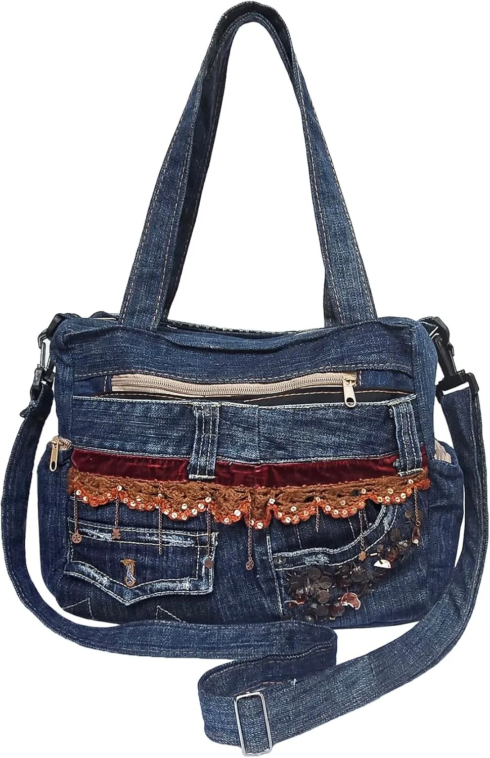 Upcycled Denim Satchel Crossbody Handbag, Multi-Pocket Design with Top-Handle and Changeable Shoulder Strap, Vintage Blue