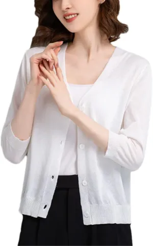 V-Neck Seven-Part Sleeve Cardigan Linen Knit Single-Breasted Solid Color Sweater