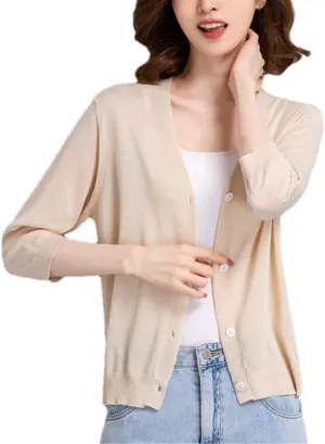 V-Neck Seven-Part Sleeve Cardigan Linen Knit Single-Breasted Solid Color Sweater