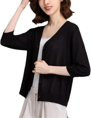 V-Neck Seven-Part Sleeve Cardigan Linen Knit Single-Breasted Solid Color Sweater