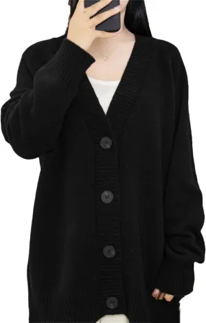 V-Neck Wool Cardigan Sweater Women Autumn Winter Long Sleeve Tops Solid Loose Warm Knitted Coat